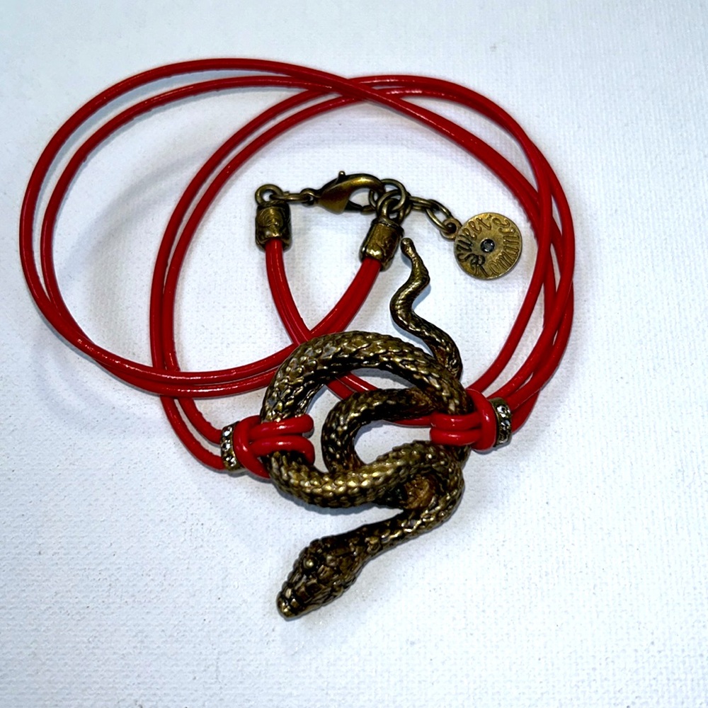 Sweet Romance Bronze Snake Rhinestone Red Leather Designer Bracelet Bohemian
